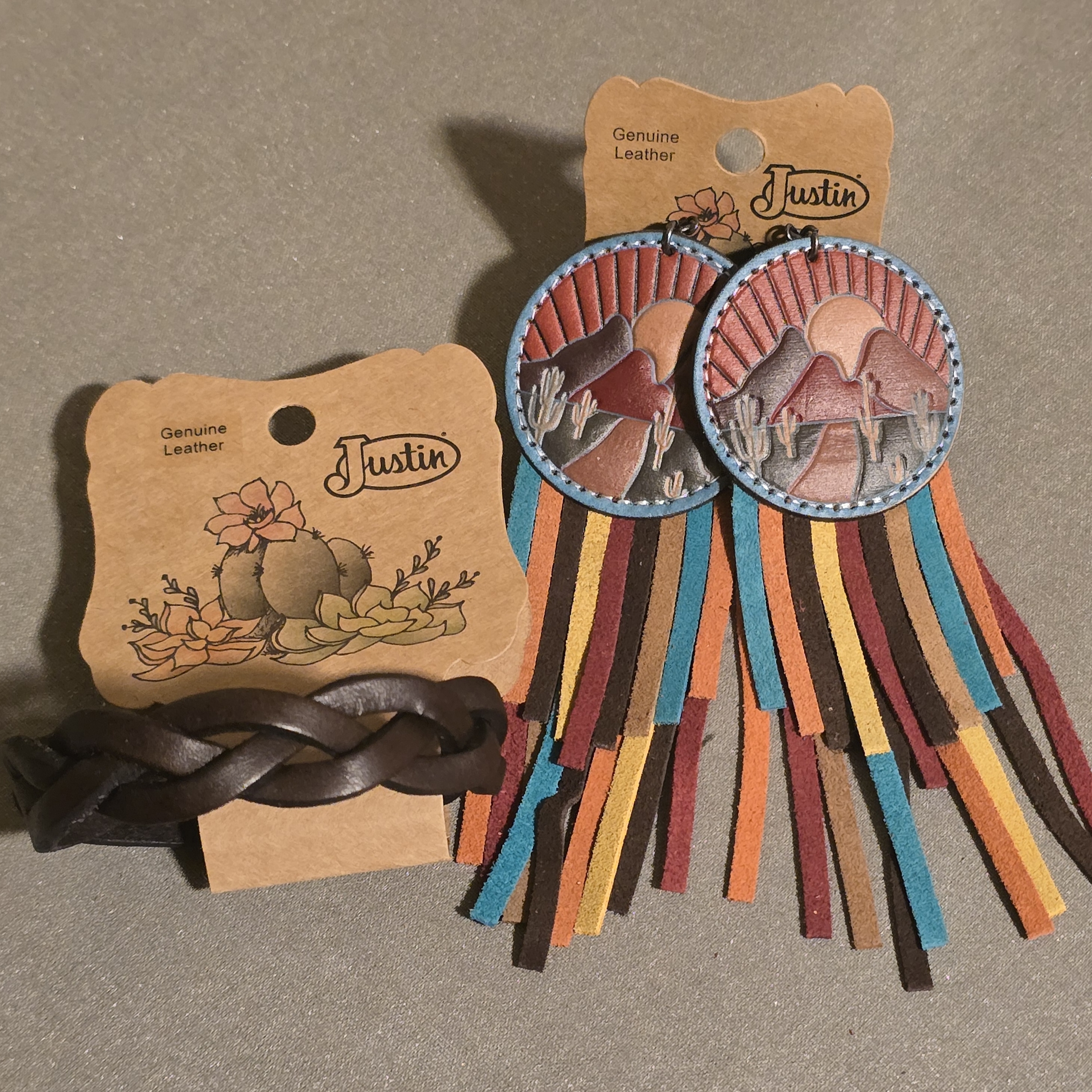 Justin Boots Colorful Fringe Earrings And Brown Leather Bracelet 15$